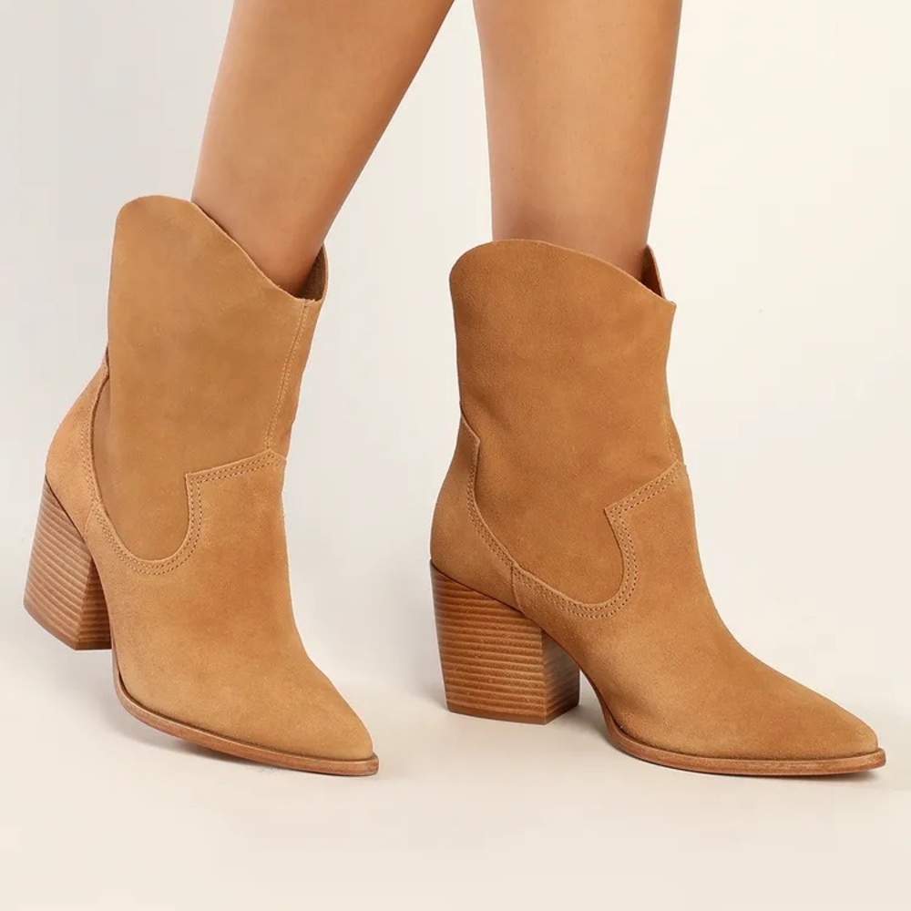 SCHUTZ Tessie Cow Suede Honeycomb Tan Heeled Boots